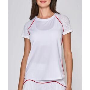 L'Etoile Sport Mesh Trim Short Sleeve Performance Tee White/Red Women's XL NWT